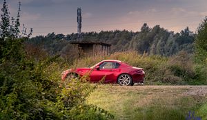 Preview wallpaper car, red, trees, nature