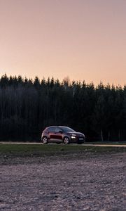 Preview wallpaper car, red, trees, forest