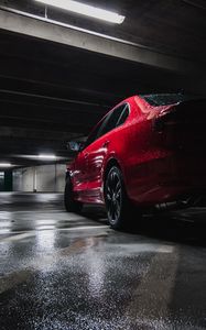 Preview wallpaper car, red, wet, side view, parking