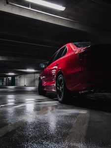 Preview wallpaper car, red, wet, side view, parking