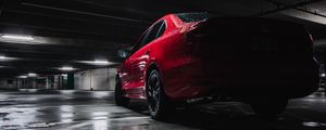 Preview wallpaper car, red, wet, side view, parking