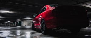 Preview wallpaper car, red, wet, side view, parking