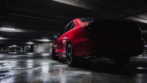 Preview wallpaper car, red, wet, side view, parking