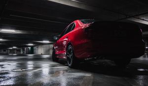 Preview wallpaper car, red, wet, side view, parking