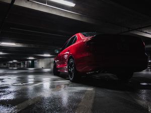 Preview wallpaper car, red, wet, side view, parking