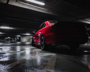 Preview wallpaper car, red, wet, side view, parking