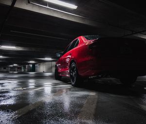 Preview wallpaper car, red, wet, side view, parking