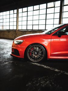 Preview wallpaper car, red, wet, wheel, side view