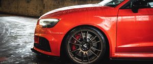 Preview wallpaper car, red, wet, wheel, side view