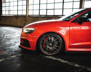 Preview wallpaper car, red, wet, wheel, side view