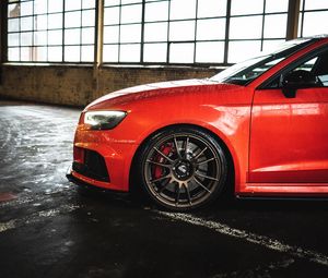 Preview wallpaper car, red, wet, wheel, side view