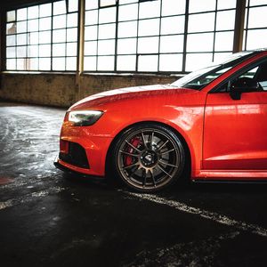 Preview wallpaper car, red, wet, wheel, side view