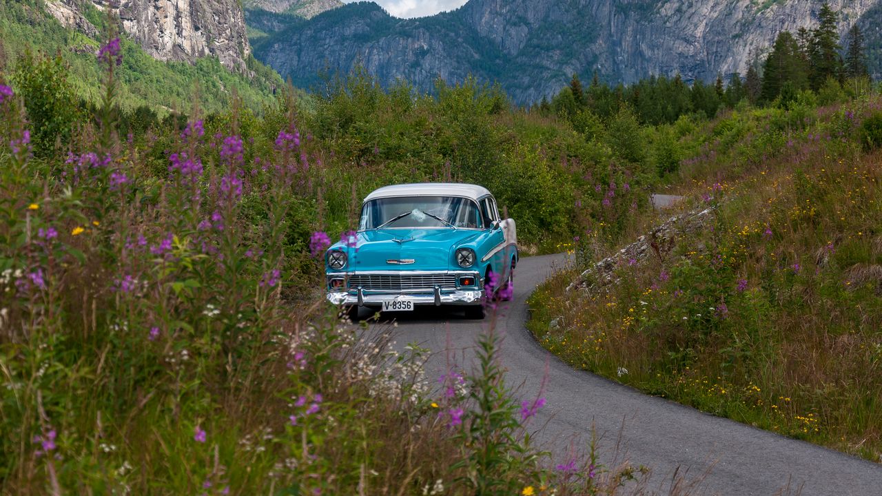 Wallpaper car, retro, blue, road, field, landscape
