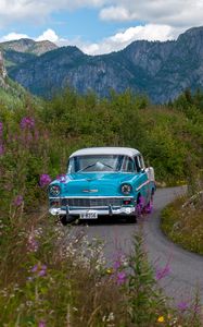 Preview wallpaper car, retro, blue, road, field, landscape
