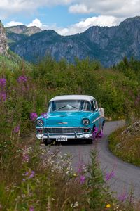 Preview wallpaper car, retro, blue, road, field, landscape