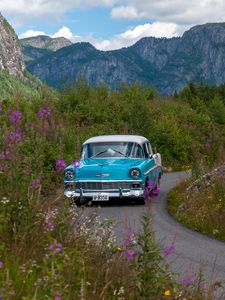 Preview wallpaper car, retro, blue, road, field, landscape