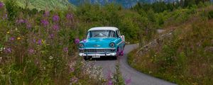 Preview wallpaper car, retro, blue, road, field, landscape