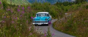 Preview wallpaper car, retro, blue, road, field, landscape