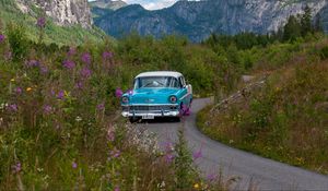 Preview wallpaper car, retro, blue, road, field, landscape