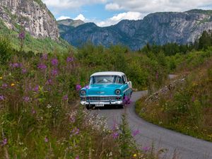 Preview wallpaper car, retro, blue, road, field, landscape