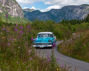 Preview wallpaper car, retro, blue, road, field, landscape