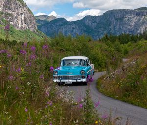 Preview wallpaper car, retro, blue, road, field, landscape