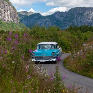 Preview wallpaper car, retro, blue, road, field, landscape