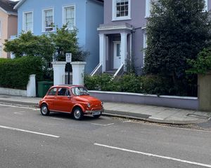 Preview wallpaper car, retro, building, road, street