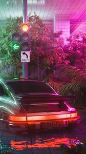 Preview wallpaper car, retro, lights, traffic light, art