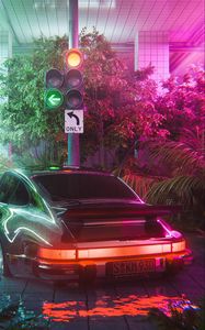 Preview wallpaper car, retro, lights, traffic light, art