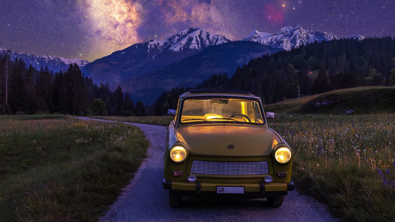 Wallpaper car, retro, milky way, starry sky, mountains