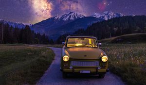 Preview wallpaper car, retro, milky way, starry sky, mountains