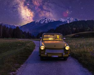 Preview wallpaper car, retro, milky way, starry sky, mountains