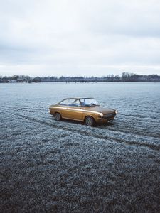 Preview wallpaper car, retro, old, yellow, field