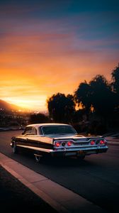 Preview wallpaper car, retro, old, black, road, sunset