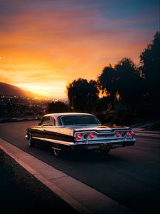 Preview wallpaper car, retro, old, black, road, sunset