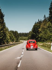 Preview wallpaper car, retro, red, old, road
