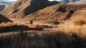 Preview wallpaper car, retro, road, hills