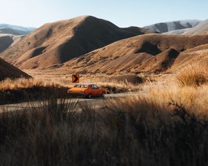 Preview wallpaper car, retro, road, hills