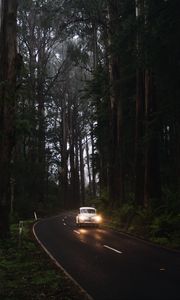 Preview wallpaper car, retro, road, trees, headlights, glow