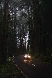 Preview wallpaper car, retro, road, trees, headlights, glow