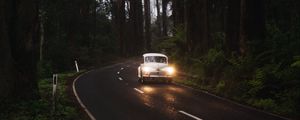 Preview wallpaper car, retro, road, trees, headlights, glow