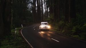 Preview wallpaper car, retro, road, trees, headlights, glow