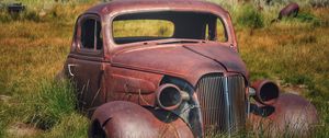 Preview wallpaper car, retro, rust, grass, house, village