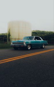 Preview wallpaper car, retro, vintage, blue, side view, road