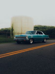 Preview wallpaper car, retro, vintage, blue, side view, road