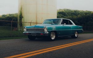 Preview wallpaper car, retro, vintage, blue, side view, road
