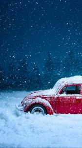 Preview wallpaper car, retro, winter, snow, snowfall, vintage, red, old