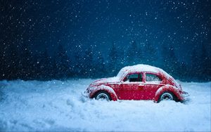 Preview wallpaper car, retro, winter, snow, snowfall, vintage, red, old