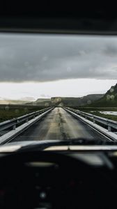 Preview wallpaper car, road, bridge, mountains, view